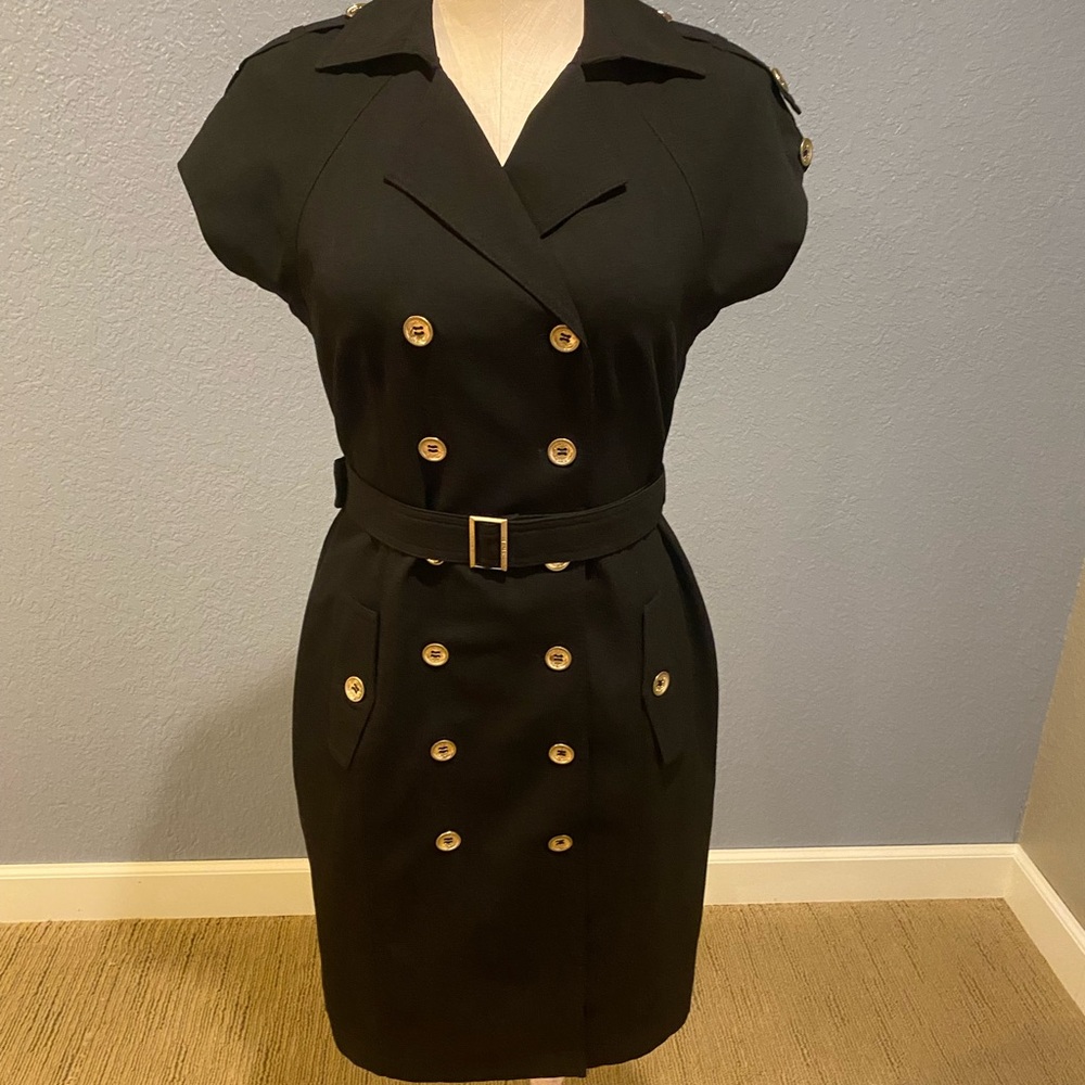 Calvin Klein Black and Gold Sheath Dress with Notched Collar